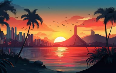 A vibrant sunset over a city skyline, reflecting on water with palm trees and mountains.