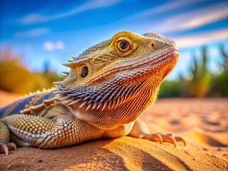 Fototapeta premium Stunning Bearded Dragon Pogona vitticeps Resting on Soft Sand with High Depth of Field, Capturing the Natural Habitat and Detailed Textures of This Unique Reptile Species in a Desert Environment