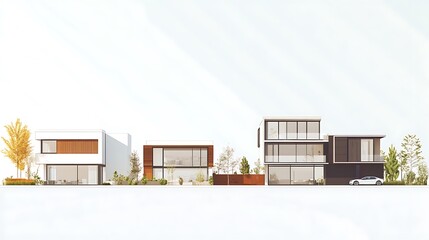 Naklejka premium A modern architectural rendering showcasing a row of contemporary houses with large windows and greenery.