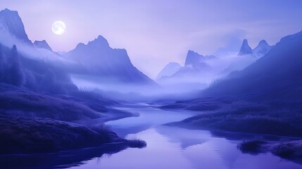 Fototapeta premium A serene landscape featuring mountains, a river, and a full moon under a misty twilight sky.