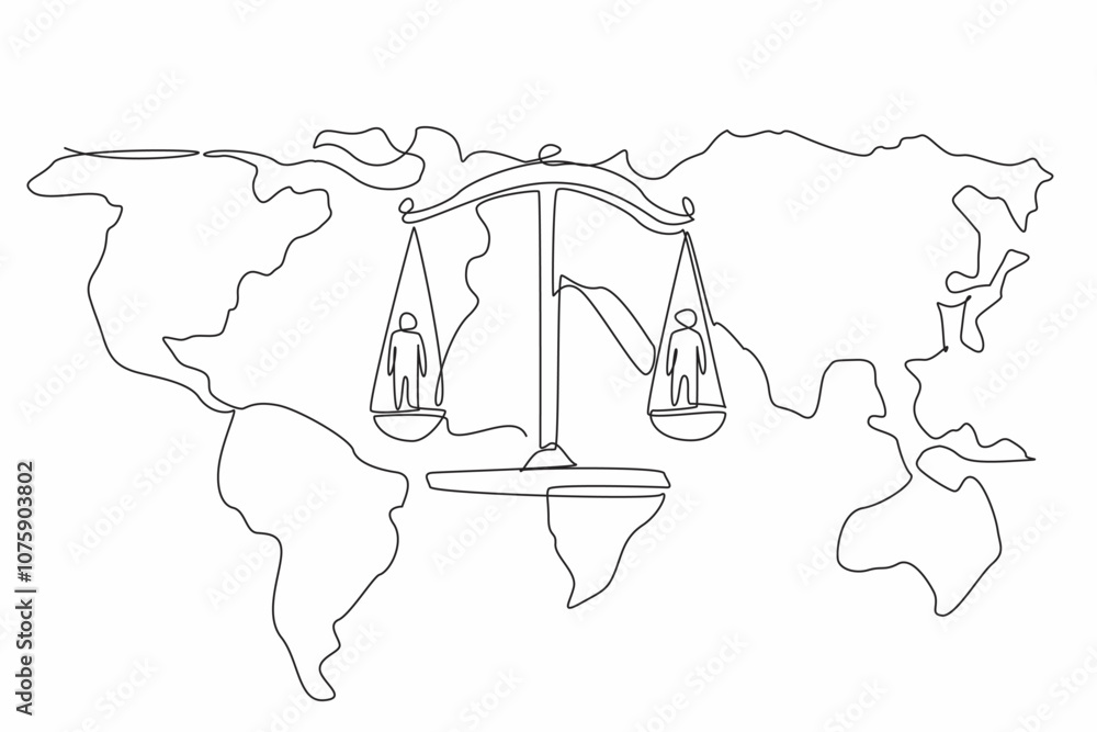 Poster single continuous line drawing two people on each side of the scales on the world map background. no