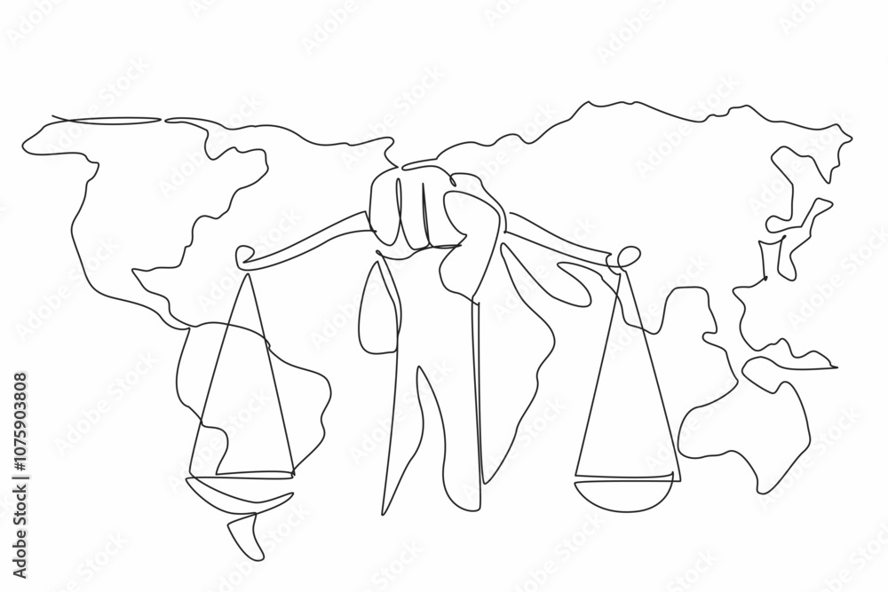 Aufkleber single continuous line drawing a scale of justice hold in hand with world map background. justice on