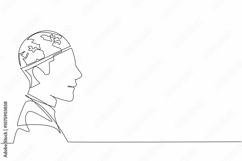 Poster single continuous line drawing a head with half of parts replaced with globe. global awareness. mind