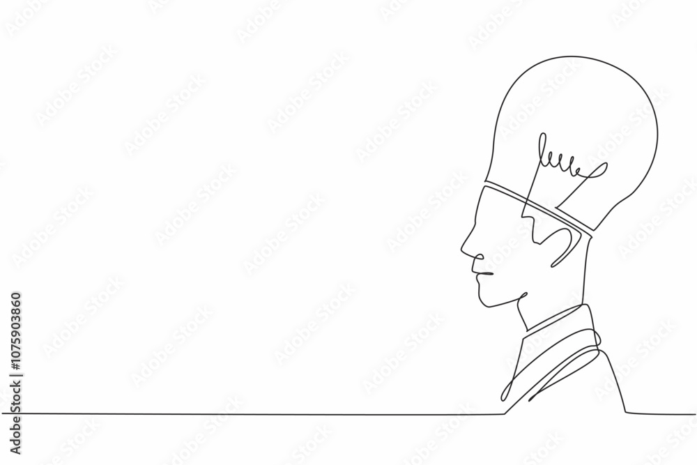 Poster continuous one line drawing a head has half of its part replaced with a bulb lamp. a mind bursting w