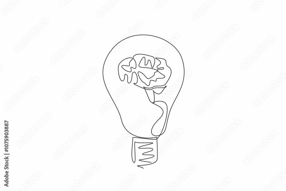Poster single continuous line drawing the brain is inside the bulb lamp. the potential for innovation. crea