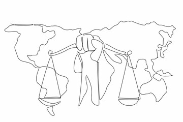 Single continuous line drawing a scale of justice hold in hand with world map background. Justice on entire world. Global. Equality. World Day of Social Justice. One line design vector illustration