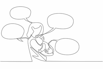 Single one line drawing the mother holding child and all around are callouts. The constant communication. Nurturing. International Mother Language Day. Continuous line design graphic illustration