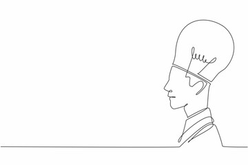 Continuous one line drawing a head has half of its part replaced with a bulb lamp. A mind bursting with ideas. Illumination. Innovation. World Thinking Day. Single line draw design vector illustration