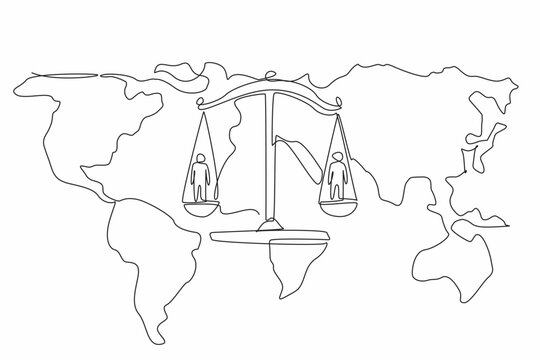 Single continuous line drawing two people on each side of the scales on the world map background. Non-discrimination. Equal justice. World Day of Social Justice. One line design vector illustration