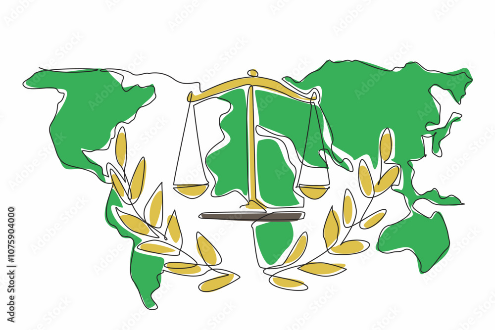 Poster continuous one line drawing a scales of justice on the world map background. global commitment to fa