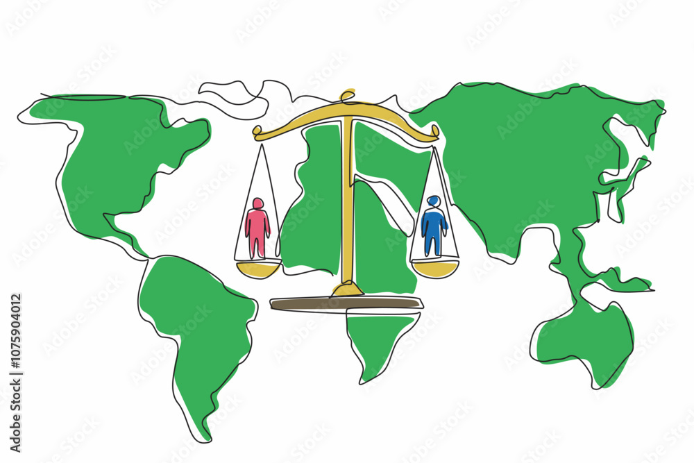 Poster single continuous line drawing two people on each side of the scales on the world map background. no