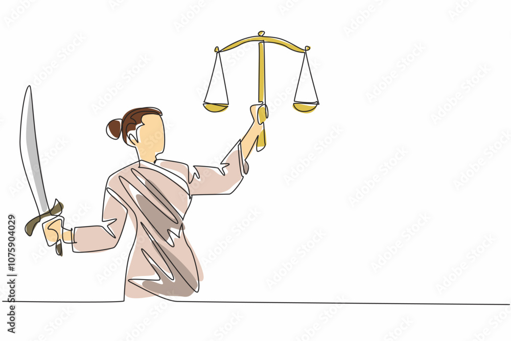Poster continuous one line drawing themis holds a sword in one hand and holds scales in the other. the conc
