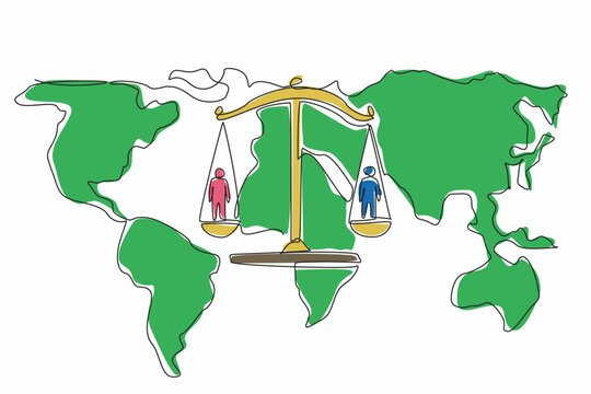 Single continuous line drawing two people on each side of the scales on the world map background. Non-discrimination. Equal justice. World Day of Social Justice. One line design vector illustration - Powered by Adobe