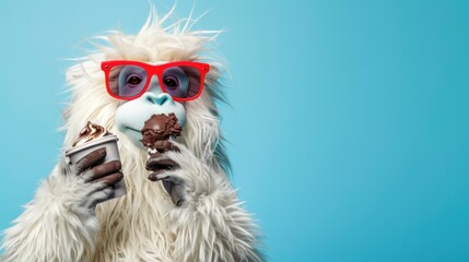 Fototapeta premium Cute Yeti with red Glasses Eating chocolate Ice Cream, AI generated image