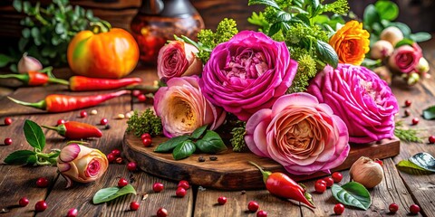 Exquisite Food Photography Featuring Super Beautiful Pink Chinese Roses Surrounded by Fresh Ingredients, Perfect for Culinary Inspirations and Elegant Presentations