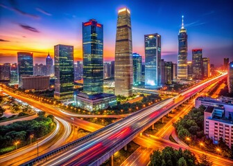 Obraz premium Stunning Night View of Beijing's Urban Landscape Featuring Illuminated Buildings and Vibrant Traffic Lights Captured in Candid Photography Style