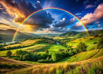 Fototapeta premium Stunning Panoramic Photography of a Free Background Rainbow with Vibrant Colors Spanning the Sky Over a Breathtaking Landscape Ideal for Nature and Art Projects