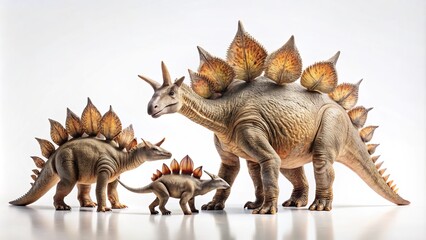 Family of Stegosaurus Interacting on a White Background - A Minimalist Approach to Showcasing Their Social Dynamics and Interactions in a Clean, Modern Style