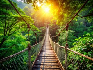 Fototapeta premium Stunning Rope Bridge in a Lush Green Forest Surrounded by Vibrant Foliage and Natural Beauty, Perfect for Adventure and Travel Enthusiasts Seeking Scenic Landscapes