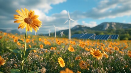 Bright flowers in a field with wind turbines and solar panels.