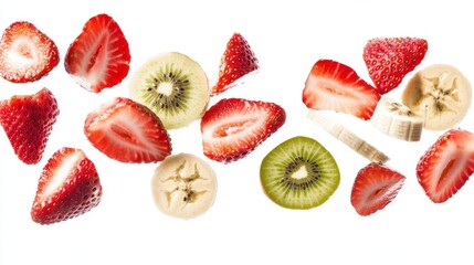 Sliced strawberries, kiwis, and bananas flying through the air,