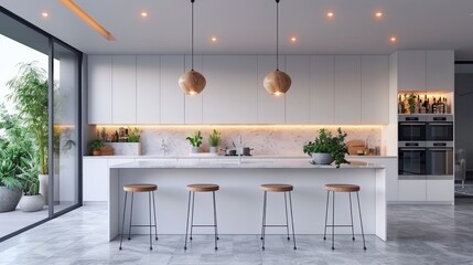 Modern white kitchen with large island and bar stools, featuring natural wood accents and large windows with greenery visible.