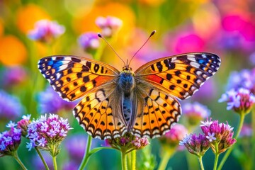Fototapeta premium a butterfly with yellow and black spots is sitting on a flower