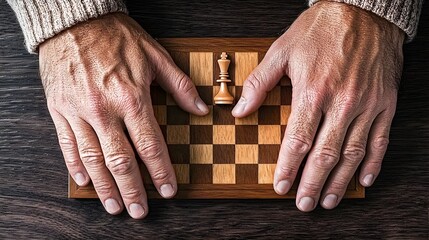 Hands poised over a chessboard with a lone king piece