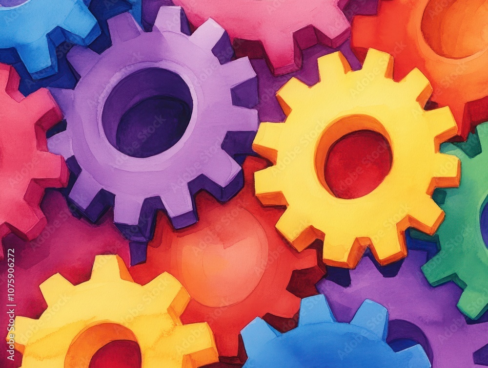Poster vibrant watercolor illustration of interlocking gears in bright colors featuring a blend of patterns