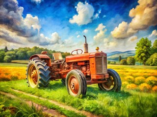 Obraz premium Stunning Watercolor Portrait of a Vintage Tractor Amidst Lush Green Fields, Capturing the Essence of Rustic Charm and Agricultural Heritage in a Beautiful Artistic Style