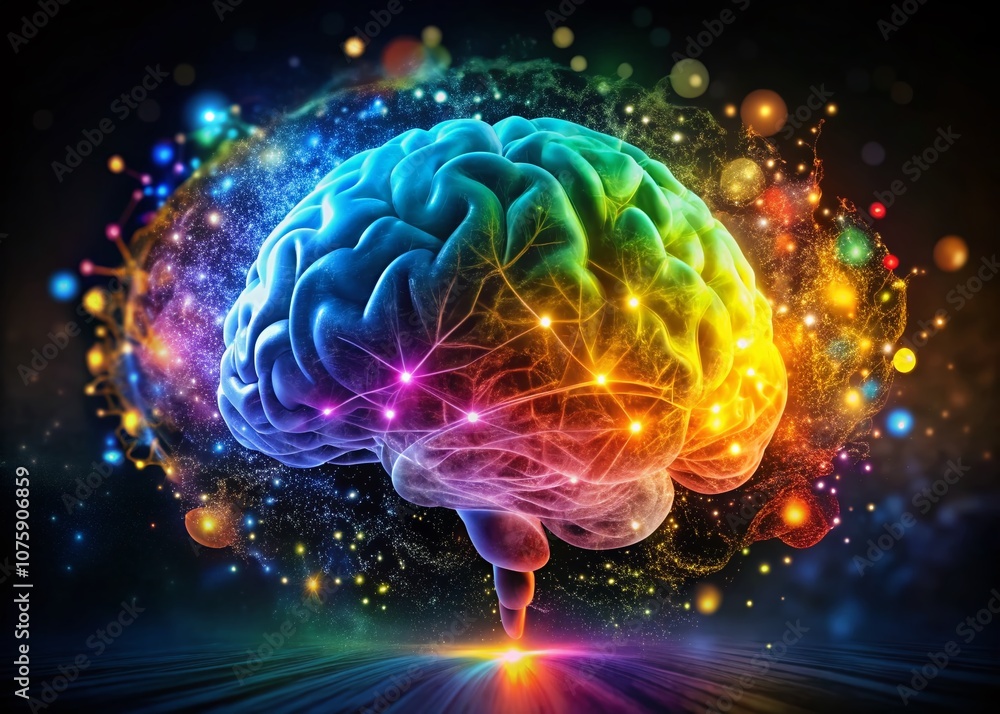 Aufkleber stylized brain with rainbow gradient and bokeh effect illustrating quantum computing ai algorithm, n
