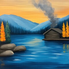 Scenic Autumn Landscape with a Cozy Cabin by the Lake Surrounded by Majestic  and Colorful Trees in a Tranquil Setting