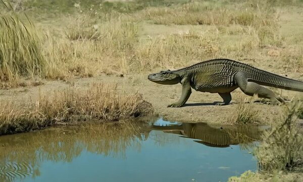 Komodo berjalan di dekat kolam 