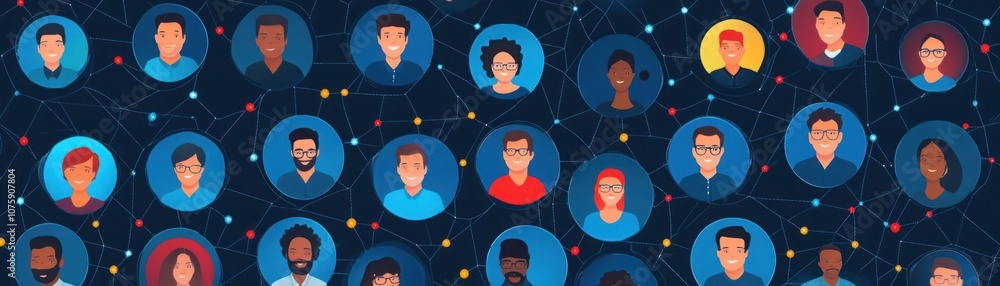 Aufkleber networking event featuring diverse professionals in a modern digital environment with theme illustra