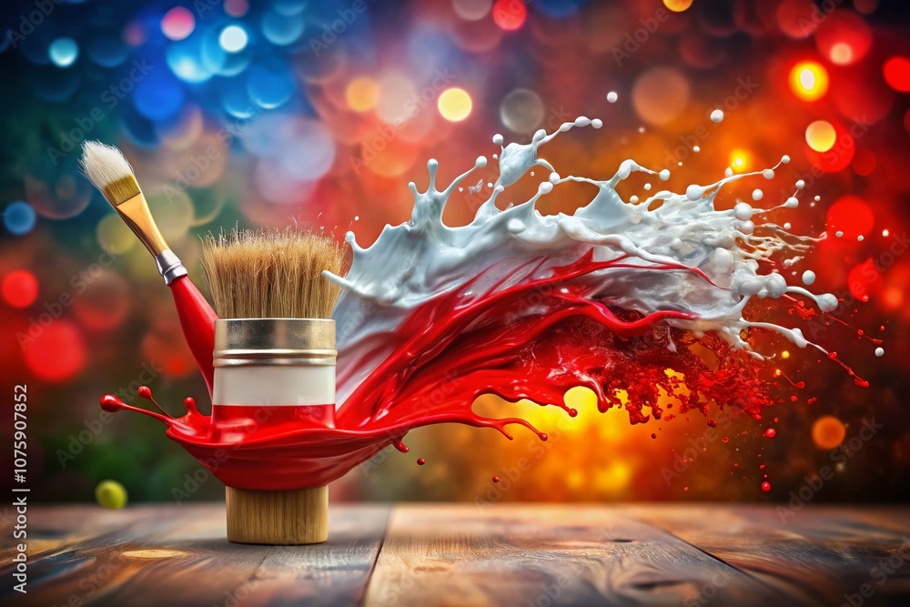 Poster surreal depiction of poland flag with paint splash and brushstroke effects in a dreamlike atmosphere