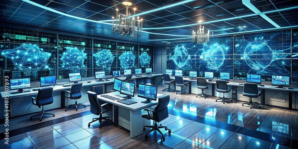 Poster Surreal Cybersecurity Control Room with Multiple Computers and Screens for Data Management, Futuristic Technology, and Secure Network Monitoring Atmosphere
