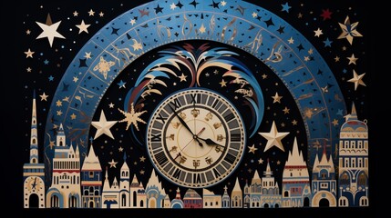 Fototapeta premium Paper cut of a clock with the hands pointing to the galaxy,generative ai illustration