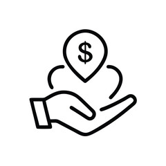 Hand holding dollar icon with arrow, Vector illustration of a hand holding a dollar location pin with arrows, representing financial support, investment, or donation.
