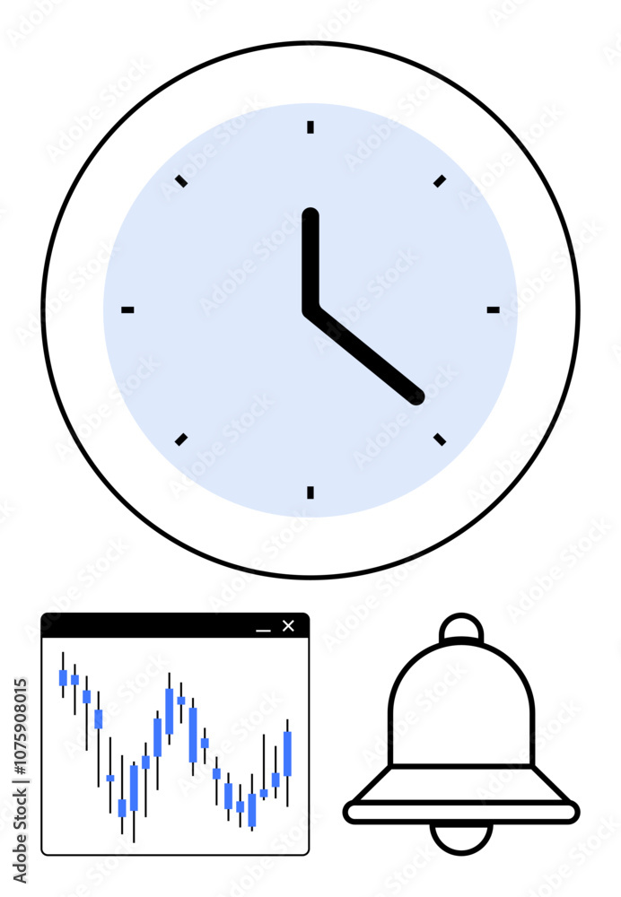 Poster analog clock indicating time, stock market chart with fluctuating data, and bell for notifications. 