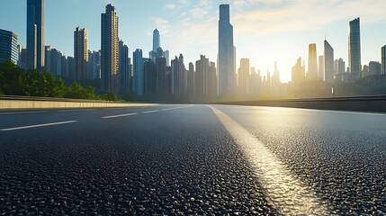 Asphalt road and modern city skyline with buildings in Hangzhou at sunset