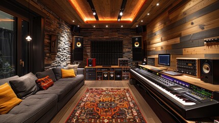 A modern home recording studio with a rustic aesthetic, featuring a large mixing console, a digital audio workstation, a comfortable sofa, and a rug.