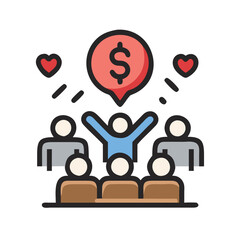 Crowdfunding icon with people and hearts, Vector illustration of a crowdfunding scene featuring a group of people, a dollar symbol, and hearts, symbolizing financial support and community.
