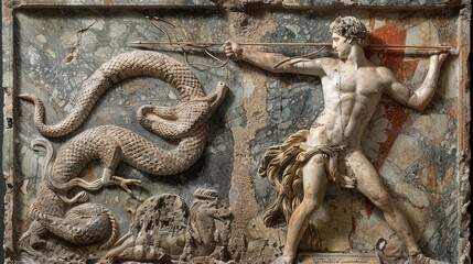 A marble relief sculpture depicting a man fighting a snake.