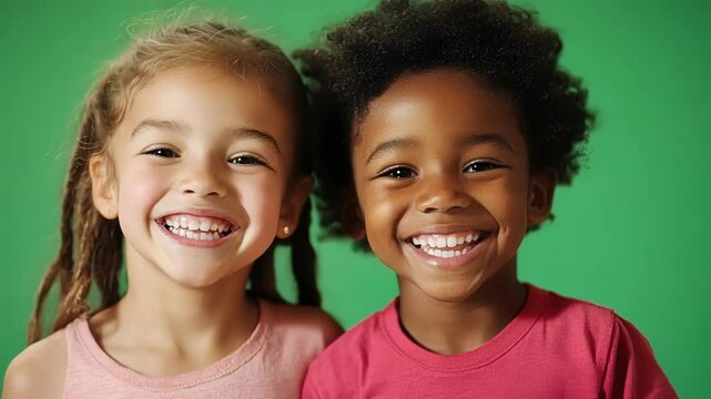 Two young children are standing together on a green screen background, smiling broadly and showing off their cheerful expressions