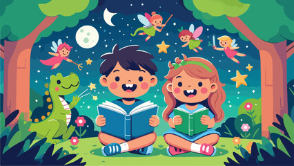 A boy and girl are reading a book in the park with happy faces, surrounded by imaginary elements from book stories, such as fairies, dragons and stars.