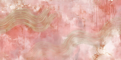 Fototapeta premium Blush & Gold Abstract Texture: Elegant swirls of rose gold metallic lines dance across a soft blush pink watercolor background, creating a luxurious and dreamy abstract art piece.