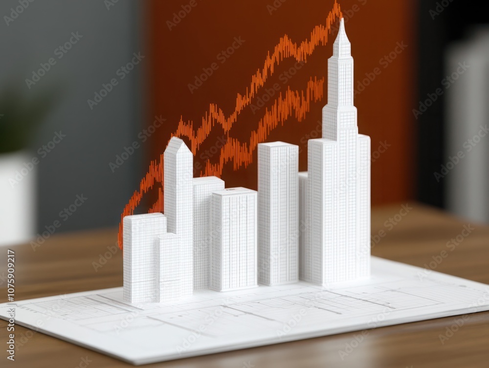 Aufkleber interactive data analysis concept with 3d models of modern skyscrapers and rising graph, representin