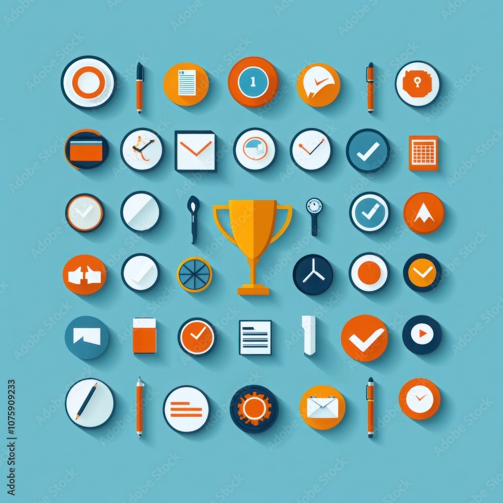 Poster a colorful array of icons representing achievement and success: trophy, goals, and path to success i