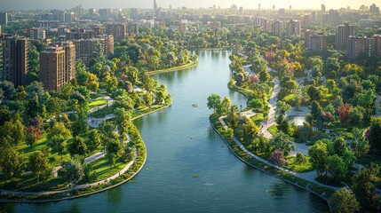 Fototapeta premium A serene urban park with a winding river and lush greenery.