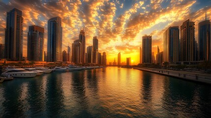 Fototapeta premium A city skyline with the sun setting behind it
